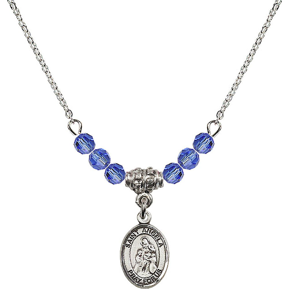 Sterling Silver Saint Angela Merici Birthstone Necklace with Sapphire Beads - 9284