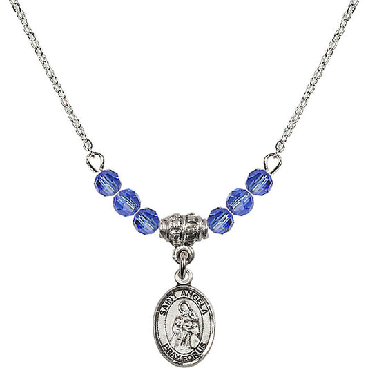 Sterling Silver Saint Angela Merici Birthstone Necklace with Sapphire Beads - 9284