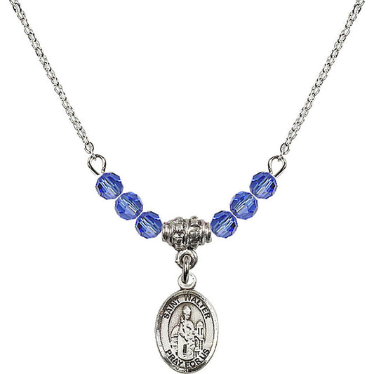 Sterling Silver Saint Walter of Pontoise Birthstone Necklace with Sapphire Beads - 9285
