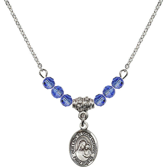 Sterling Silver Our Lady of Good Counsel Birthstone Necklace with Sapphire Beads - 9287