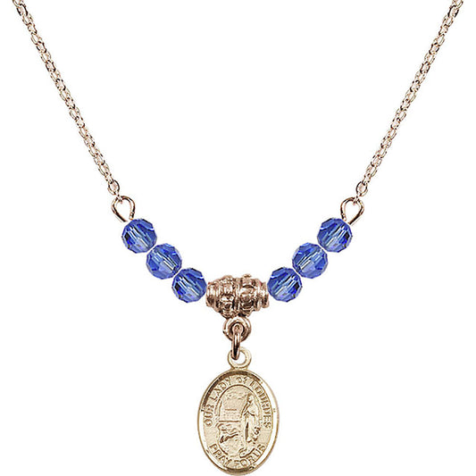 14kt Gold Filled Our Lady of Lourdes Birthstone Necklace with Sapphire Beads - 9288