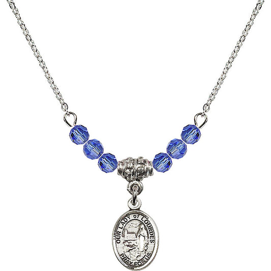 Sterling Silver Our Lady of Lourdes Birthstone Necklace with Sapphire Beads - 9288