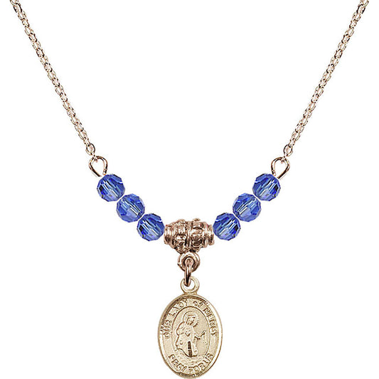 14kt Gold Filled Our Lady of Mercy Birthstone Necklace with Sapphire Beads - 9289