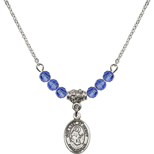 Sterling Silver Our Lady of Mercy Birthstone Necklace with Sapphire Beads - 9289