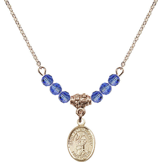14kt Gold Filled Saint Peter Nolasco Birthstone Necklace with Sapphire Beads - 9291