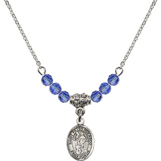 Sterling Silver Saint Peter Nolasco Birthstone Necklace with Sapphire Beads - 9291