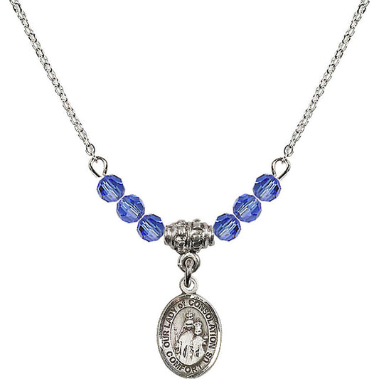 Sterling Silver Our Lady of Consolation Birthstone Necklace with Sapphire Beads - 9292