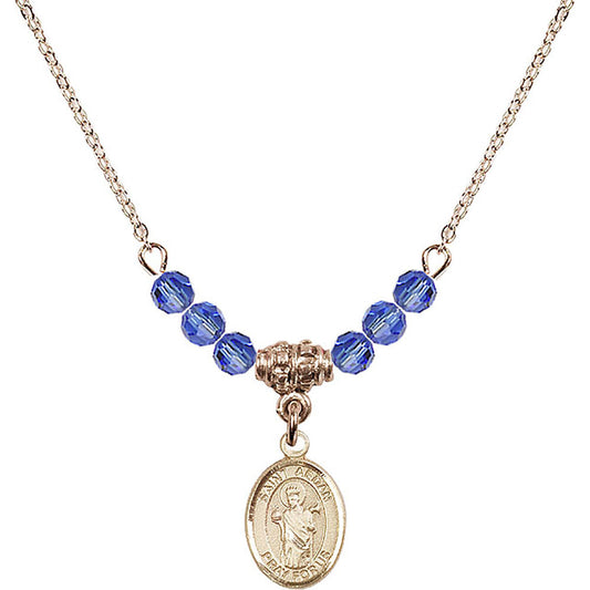 14kt Gold Filled Saint Aedan of Ferns Birthstone Necklace with Sapphire Beads - 9293