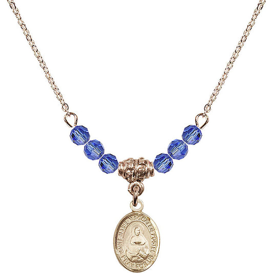 14kt Gold Filled Saint Marie Magdalen Postel Birthstone Necklace with Sapphire Beads - 9294
