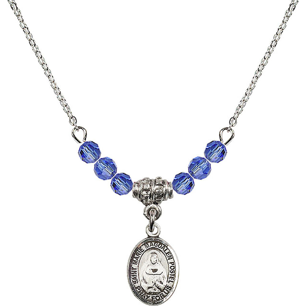 Sterling Silver Saint Marie Magdalen Postel Birthstone Necklace with Sapphire Beads - 9294