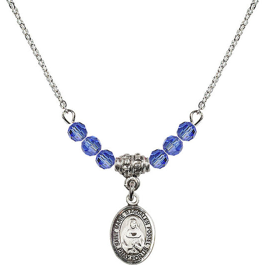 Sterling Silver Saint Marie Magdalen Postel Birthstone Necklace with Sapphire Beads - 9294