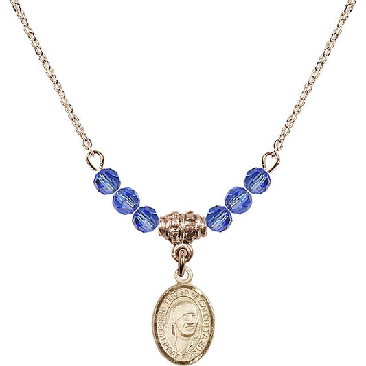 14kt Gold Filled Saint Teresa of Calcutta Birthstone Necklace with Sapphire Beads - 9295