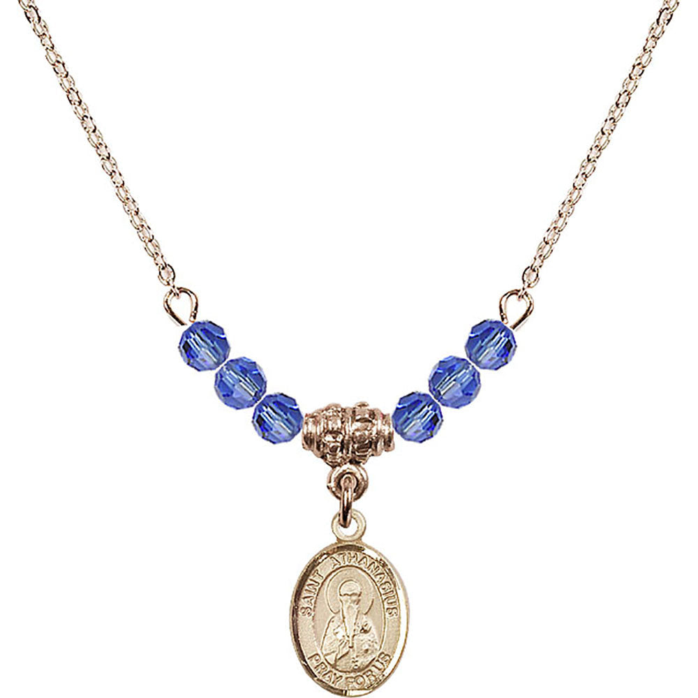 14kt Gold Filled Saint Athanasius Birthstone Necklace with Sapphire Beads - 9296