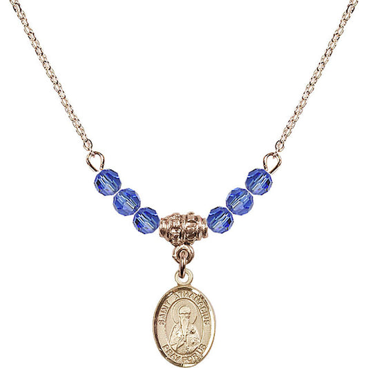 14kt Gold Filled Saint Athanasius Birthstone Necklace with Sapphire Beads - 9296