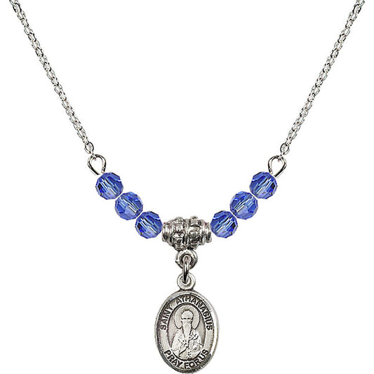 Sterling Silver Saint Athanasius Birthstone Necklace with Sapphire Beads - 9296