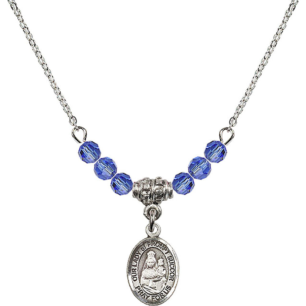 Sterling Silver Our Lady of Prompt Succor Birthstone Necklace with Sapphire Beads - 9299
