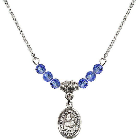 Sterling Silver Our Lady of Prompt Succor Birthstone Necklace with Sapphire Beads - 9299