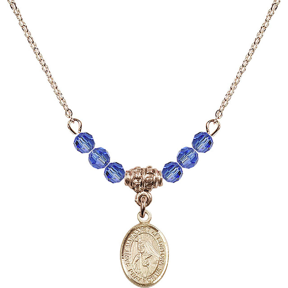 14kt Gold Filled Saint Margaret of Cortona Birthstone Necklace with Sapphire Beads - 9301