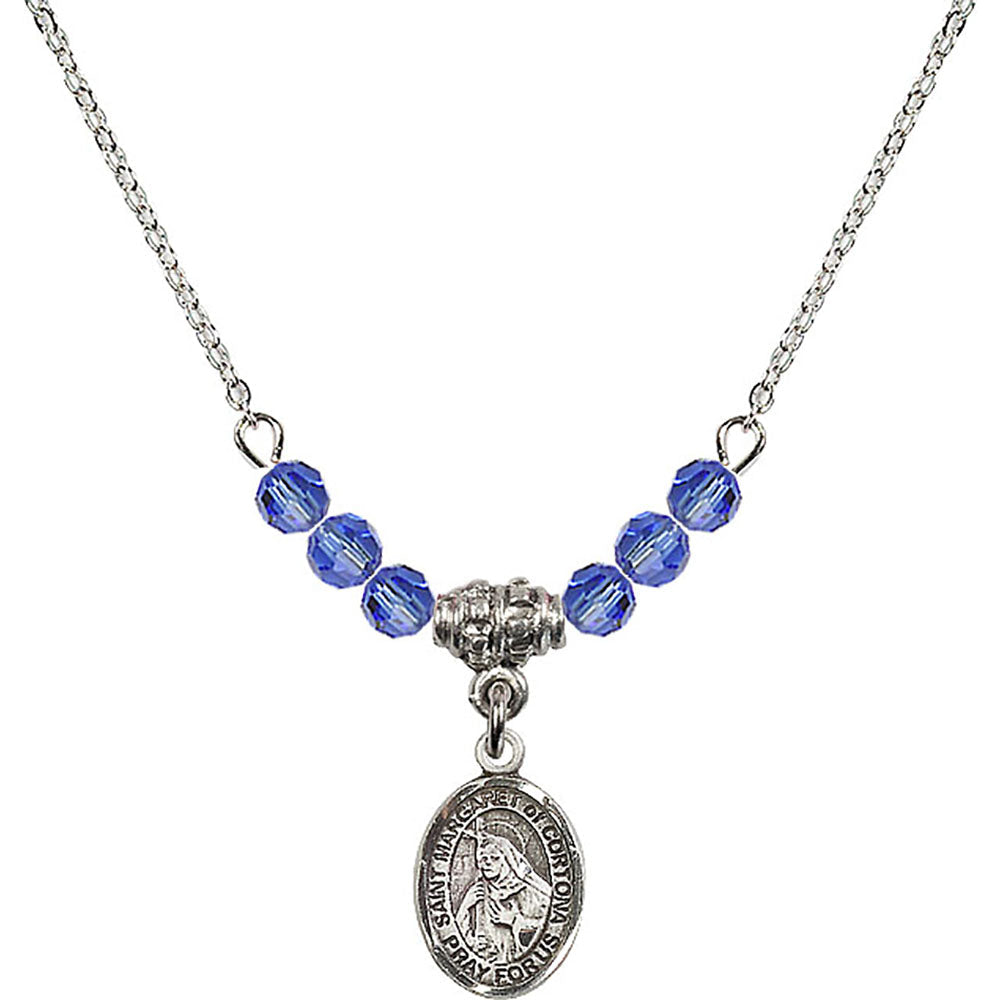 Sterling Silver Saint Margaret of Cortona Birthstone Necklace with Sapphire Beads - 9301