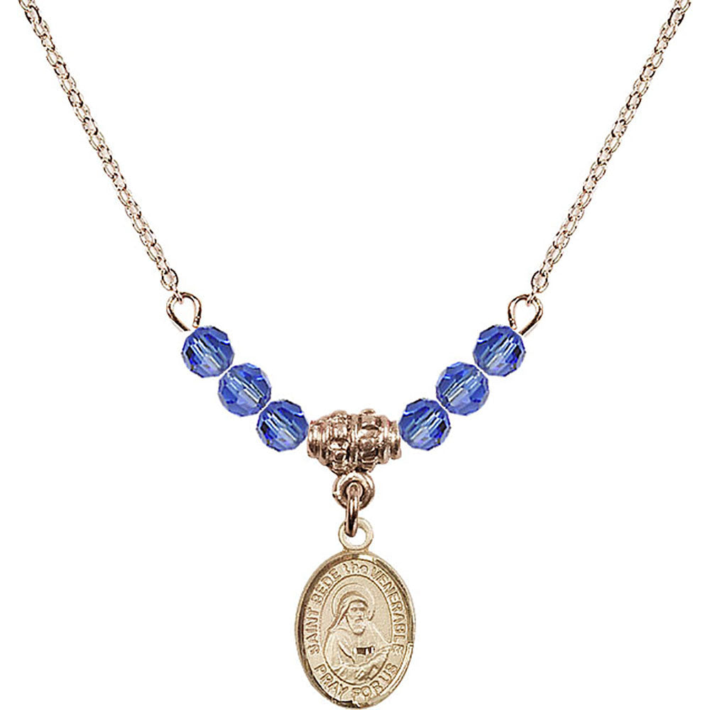 14kt Gold Filled Saint Bede the Venerable Birthstone Necklace with Sapphire Beads - 9302