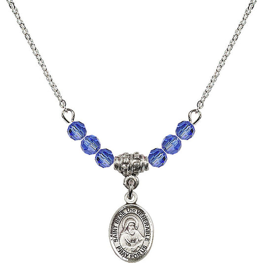 Sterling Silver Saint Bede the Venerable Birthstone Necklace with Sapphire Beads - 9302