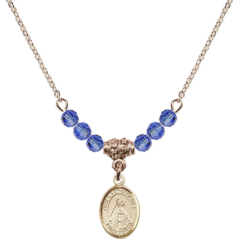 14kt Gold Filled Our Lady of Olives Birthstone Necklace with Sapphire Beads - 9303