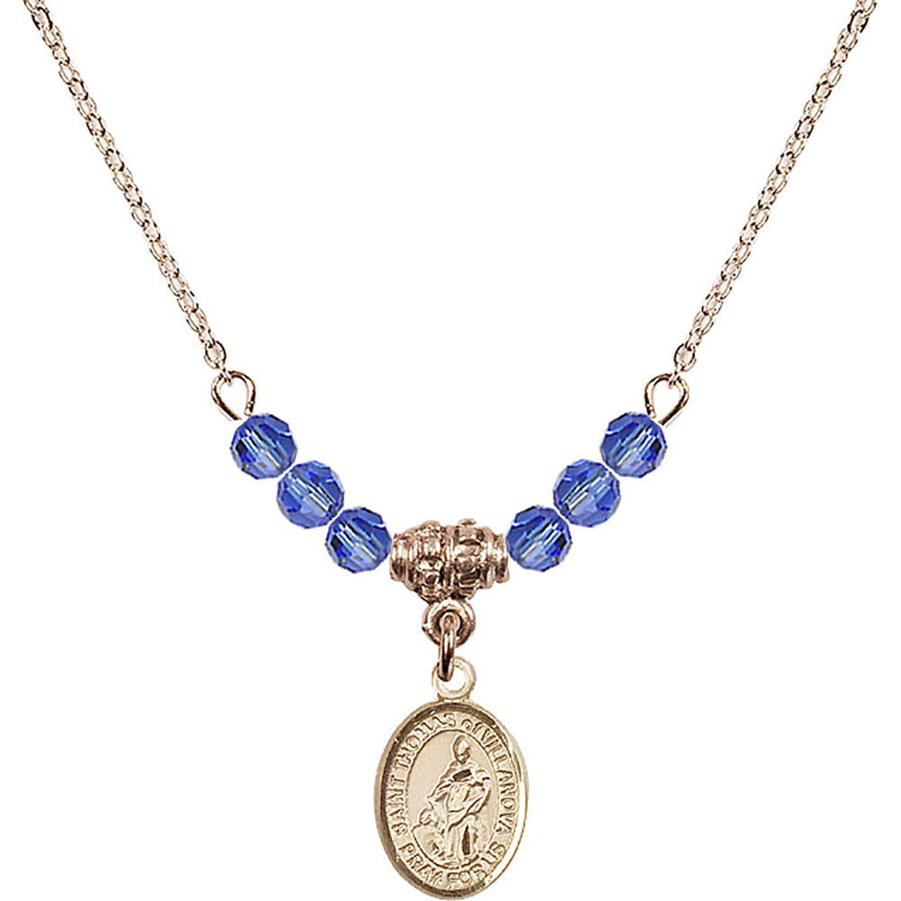 14kt Gold Filled Saint Thomas of Villanova Birthstone Necklace with Sapphire Beads - 9304