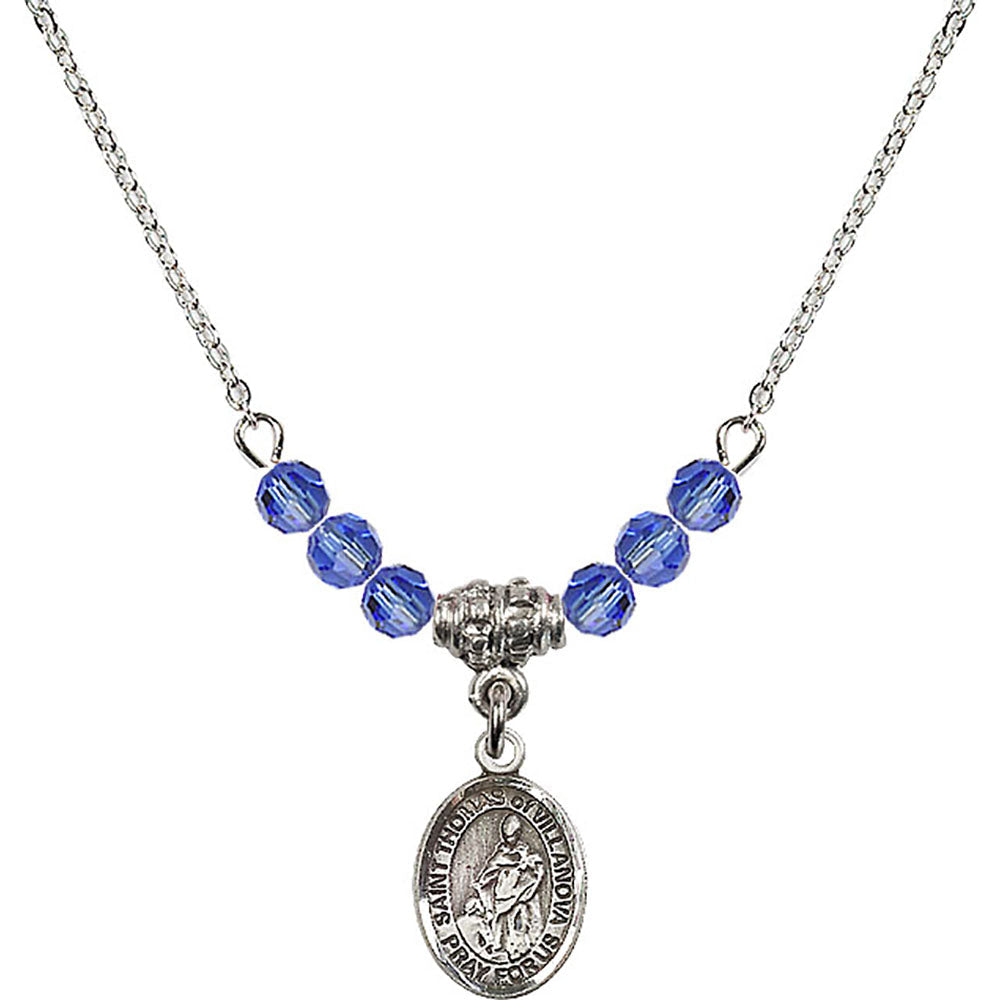 Sterling Silver Saint Thomas of Villanova Birthstone Necklace with Sapphire Beads - 9304