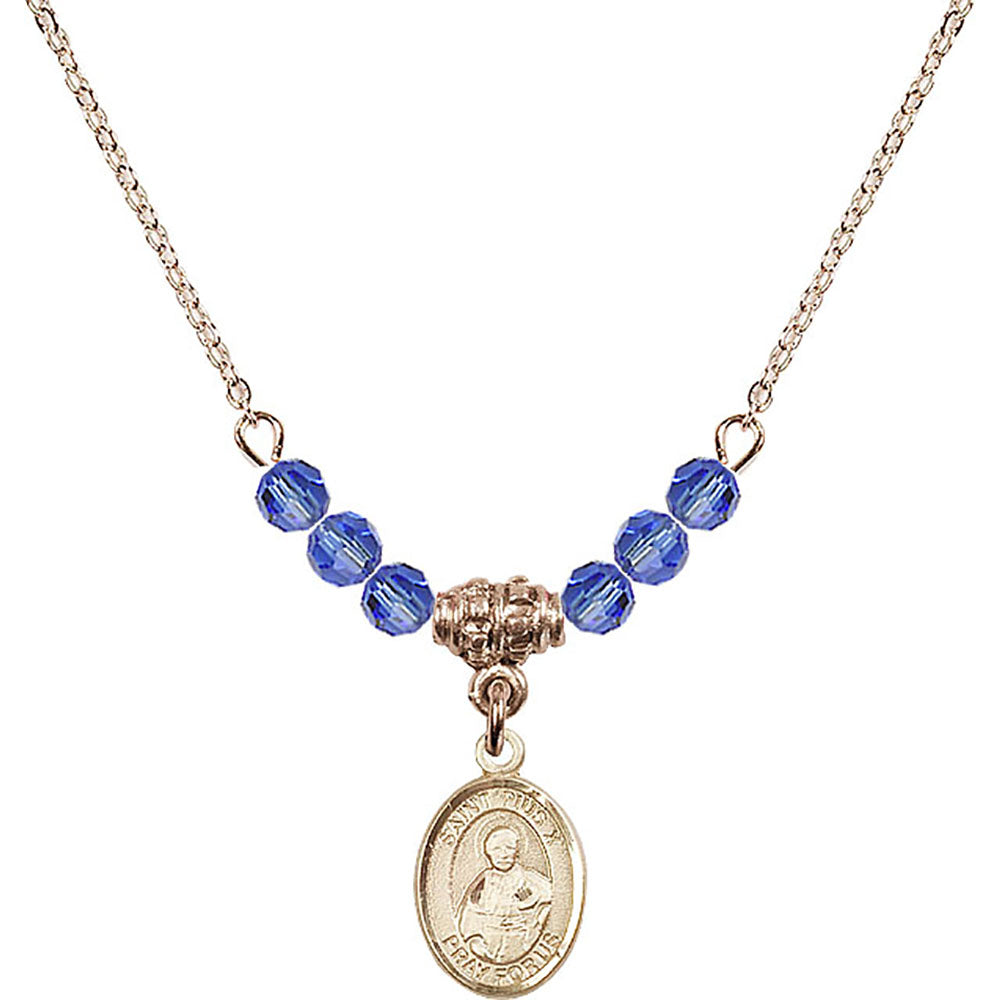 14kt Gold Filled Saint Pius X Birthstone Necklace with Sapphire Beads - 9305