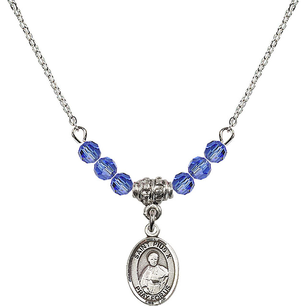 Sterling Silver Saint Pius X Birthstone Necklace with Sapphire Beads - 9305