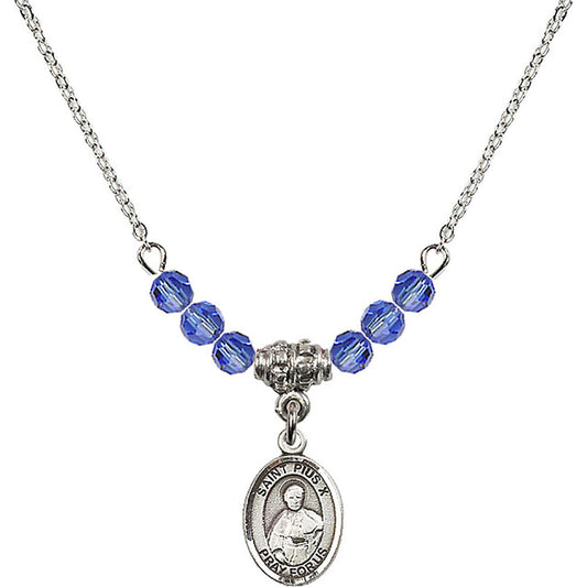 Sterling Silver Saint Pius X Birthstone Necklace with Sapphire Beads - 9305