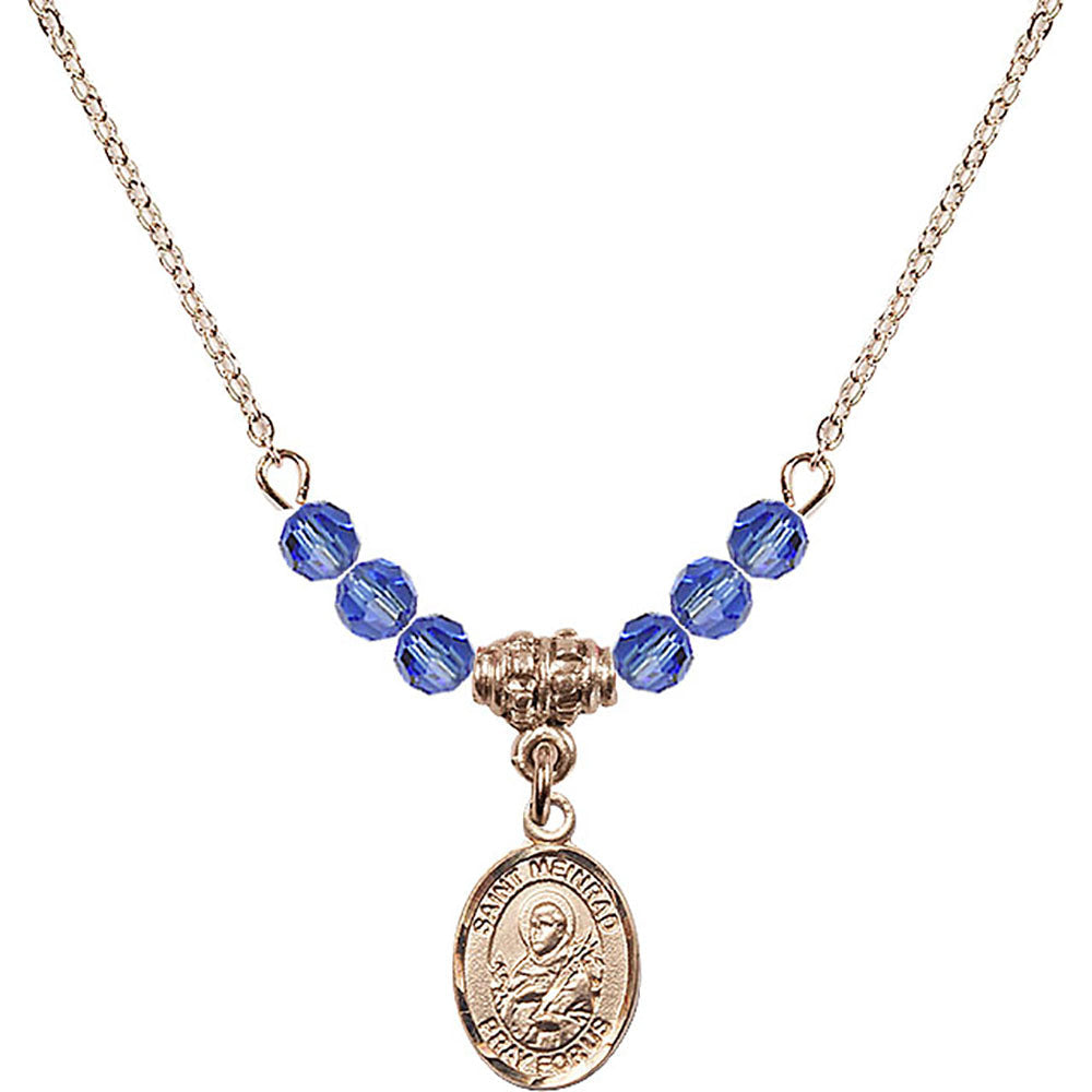 14kt Gold Filled Saint Meinrad of Einsiedeln Birthstone Necklace with Sapphire Beads - 9307