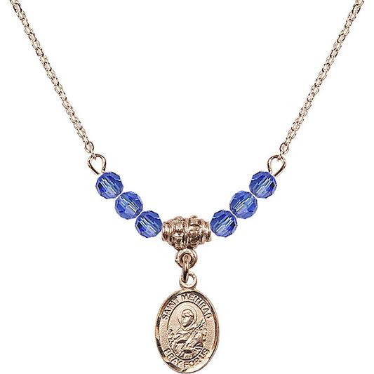 14kt Gold Filled Saint Meinrad of Einsiedeln Birthstone Necklace with Sapphire Beads - 9307