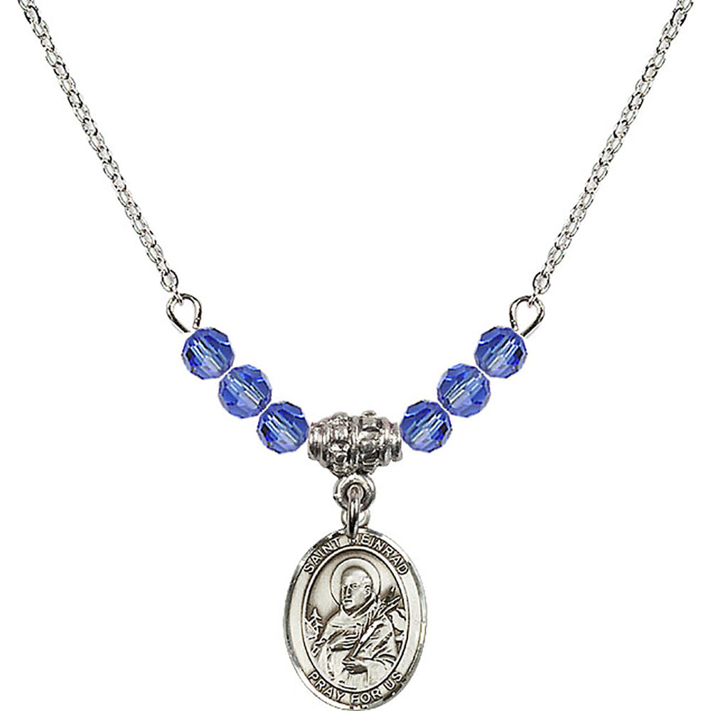 Sterling Silver Saint Meinrad of Einsiedeln Birthstone Necklace with Sapphire Beads - 9307