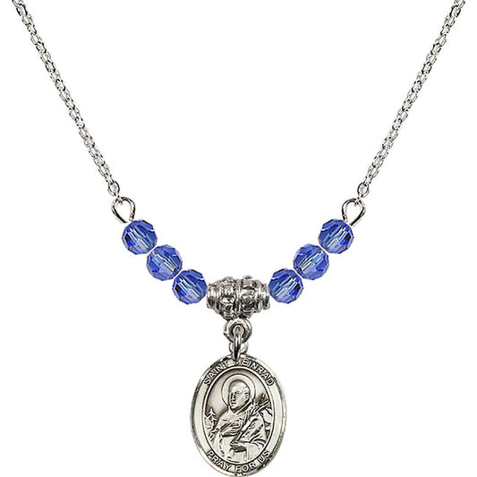 Sterling Silver Saint Meinrad of Einsiedeln Birthstone Necklace with Sapphire Beads - 9307