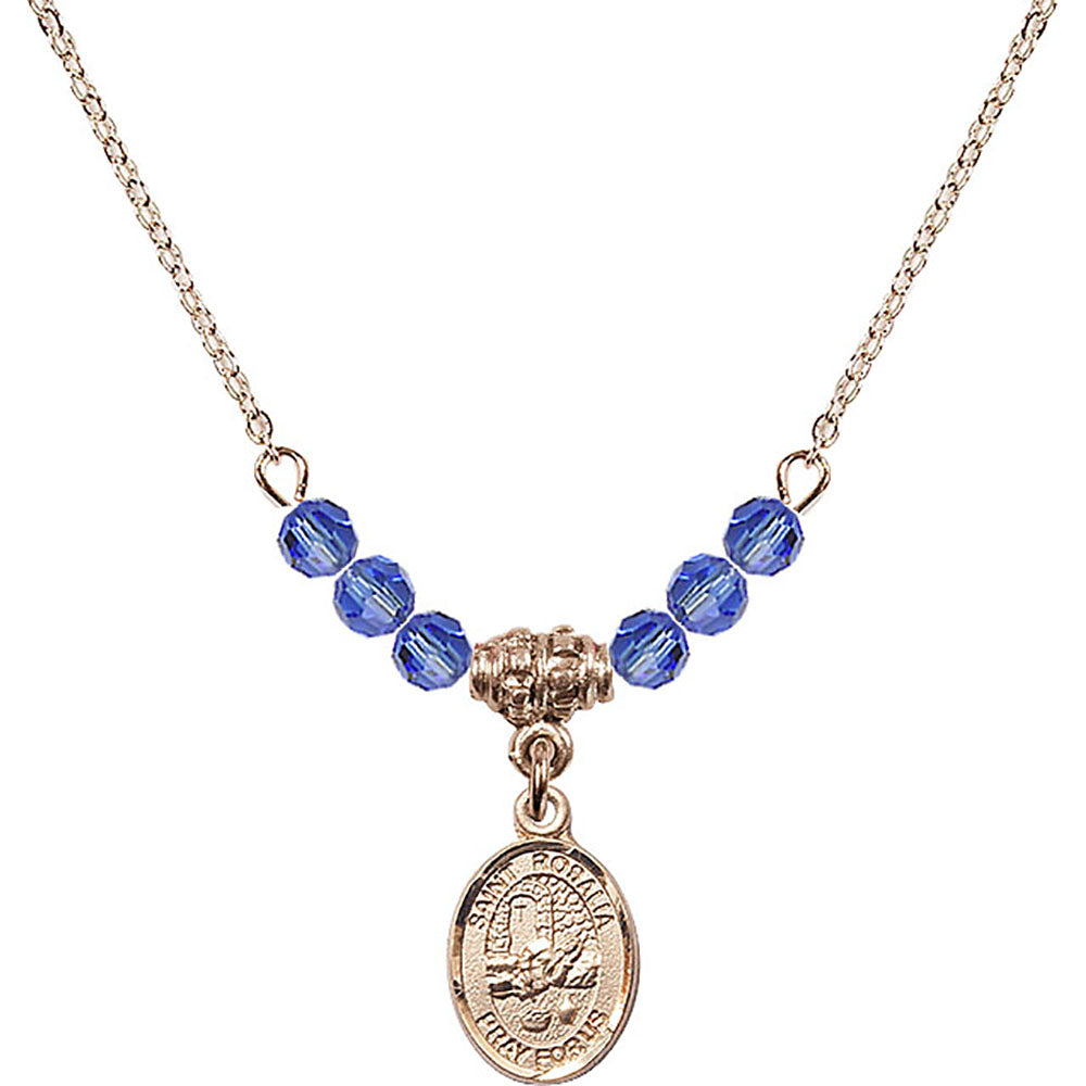 14kt Gold Filled Saint Rosalia Birthstone Necklace with Sapphire Beads - 9309