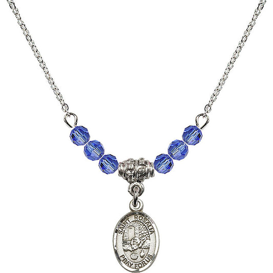 Sterling Silver Saint Rosalia Birthstone Necklace with Sapphire Beads - 9309