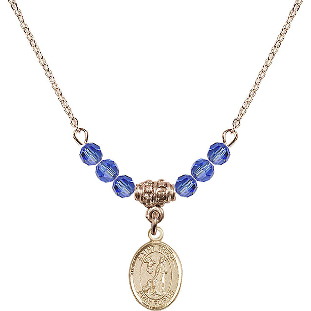 14kt Gold Filled Saint Roch Birthstone Necklace with Sapphire Beads - 9310