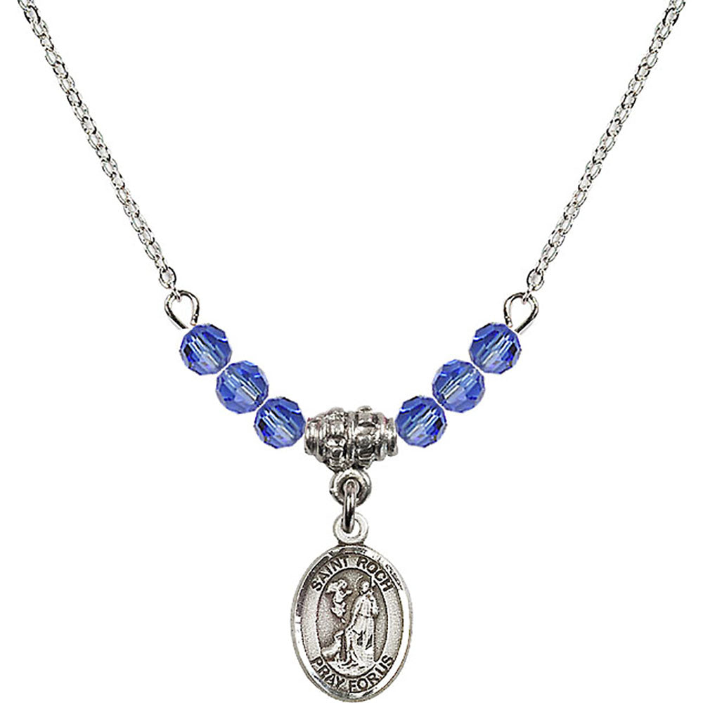 Sterling Silver Saint Roch Birthstone Necklace with Sapphire Beads - 9310