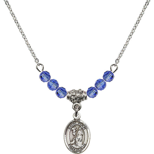 Sterling Silver Saint Roch Birthstone Necklace with Sapphire Beads - 9310