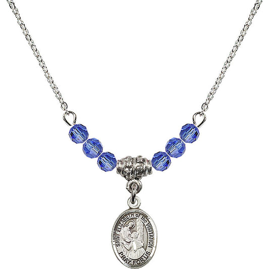 Sterling Silver Saint Elizabeth of the Visitation Birthstone Necklace with Sapphire Beads - 9311