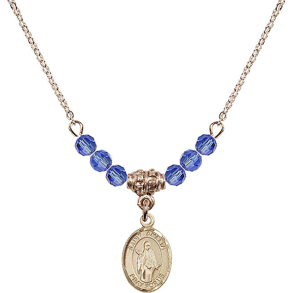 14kt Gold Filled Saint Amelia Birthstone Necklace with Sapphire Beads - 9313