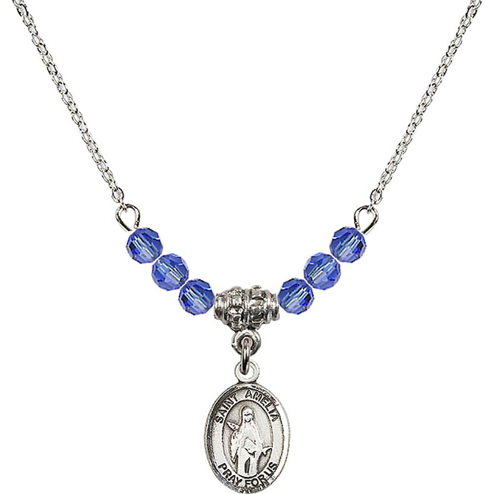 Sterling Silver Saint Amelia Birthstone Necklace with Sapphire Beads - 9313