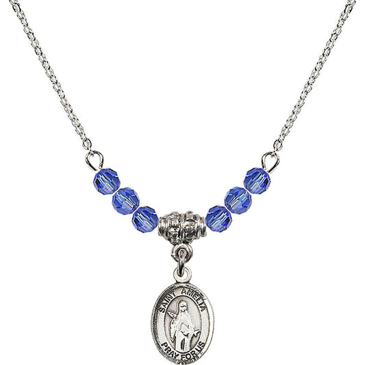 Sterling Silver Saint Amelia Birthstone Necklace with Sapphire Beads - 9313