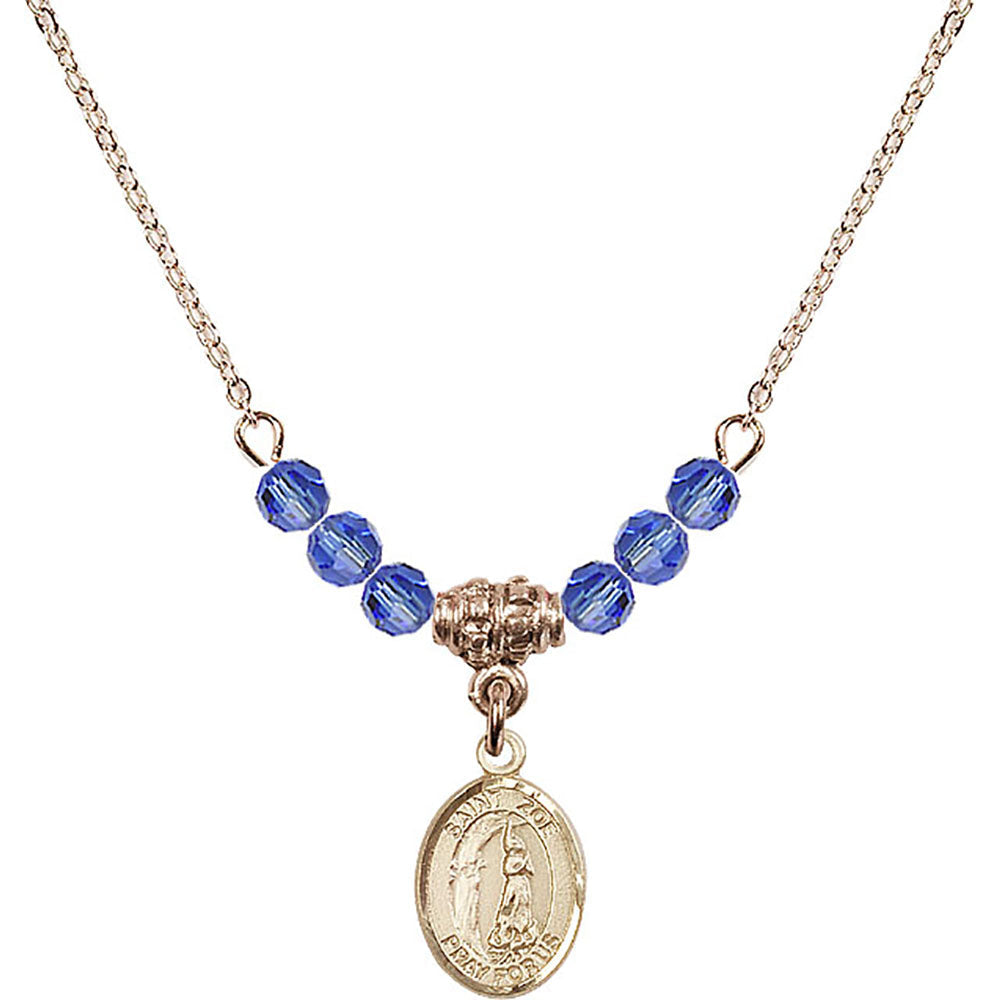14kt Gold Filled Saint Zoe of Rome Birthstone Necklace with Sapphire Beads - 9314