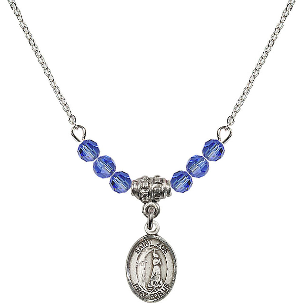 Sterling Silver Saint Zoe of Rome Birthstone Necklace with Sapphire Beads - 9314