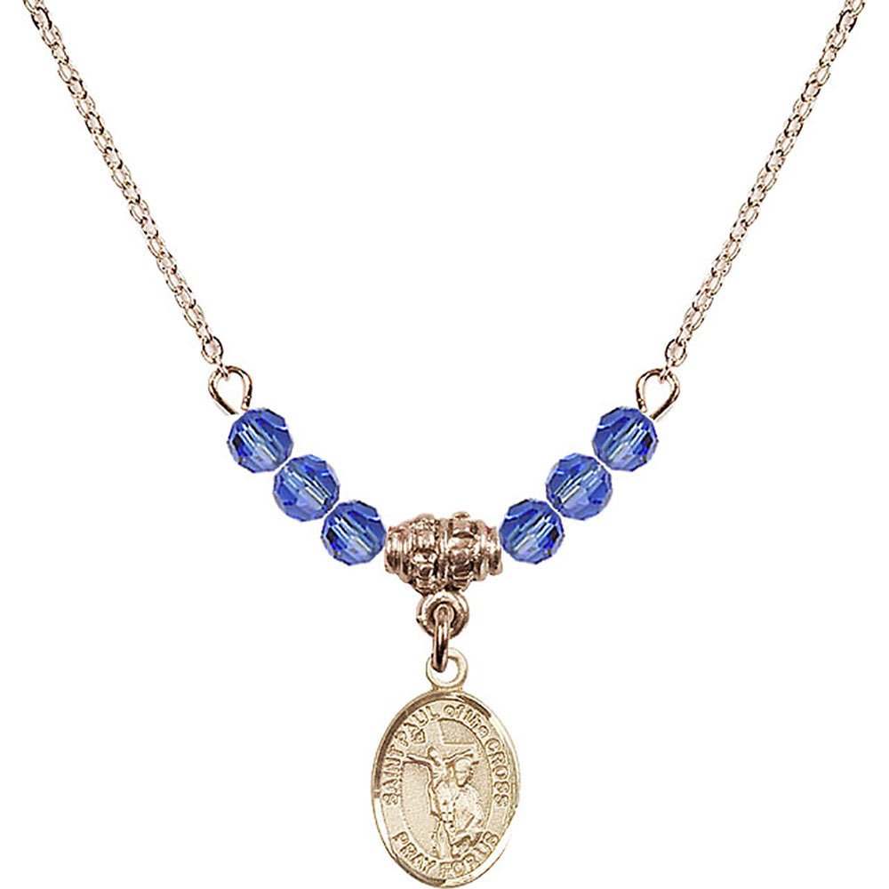 14kt Gold Filled Saint Paul of the Cross Birthstone Necklace with Sapphire Beads - 9318