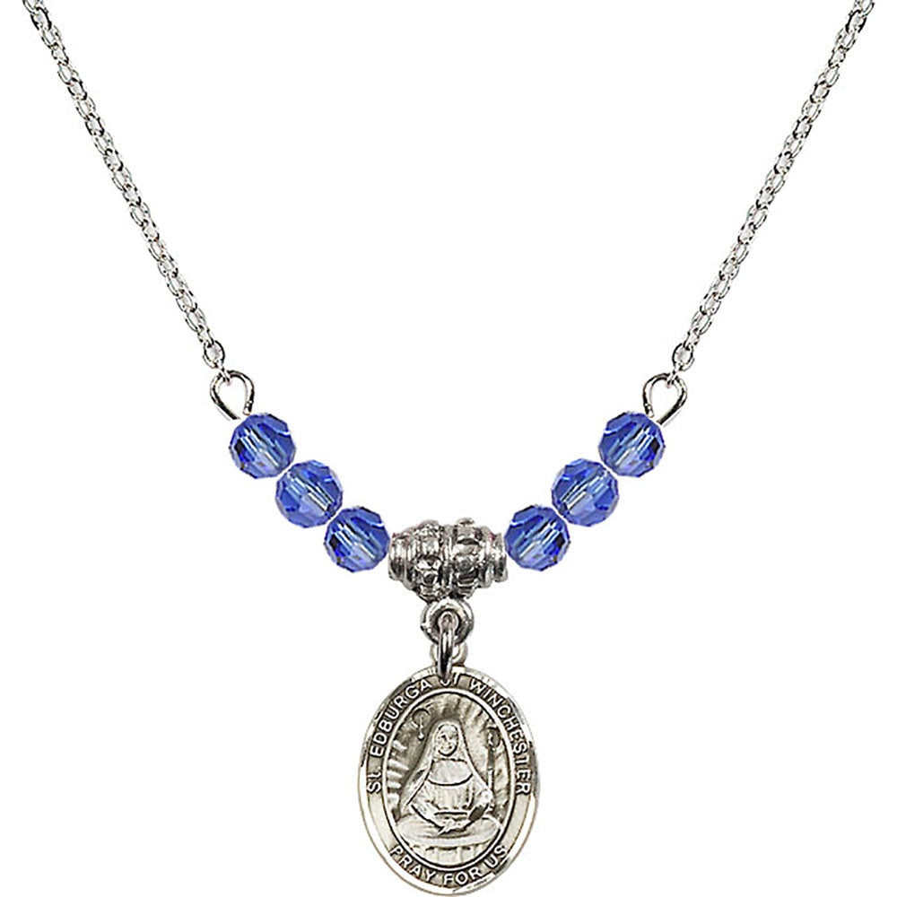 Sterling Silver Saint Edburga of Winchester Birthstone Necklace with Sapphire Beads - 9324