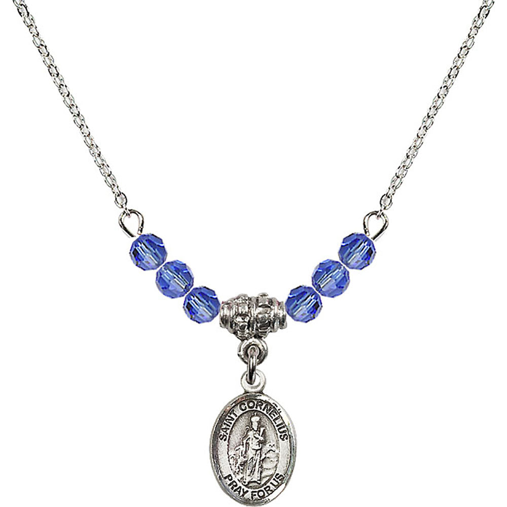 Sterling Silver Saint Cornelius Birthstone Necklace with Sapphire Beads - 9325