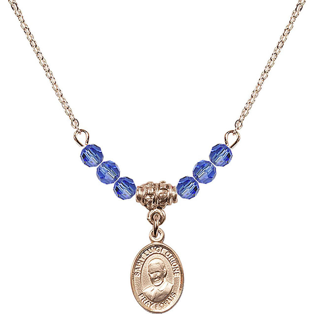 14kt Gold Filled Saint Luigi Orione Birthstone Necklace with Sapphire Beads - 9326